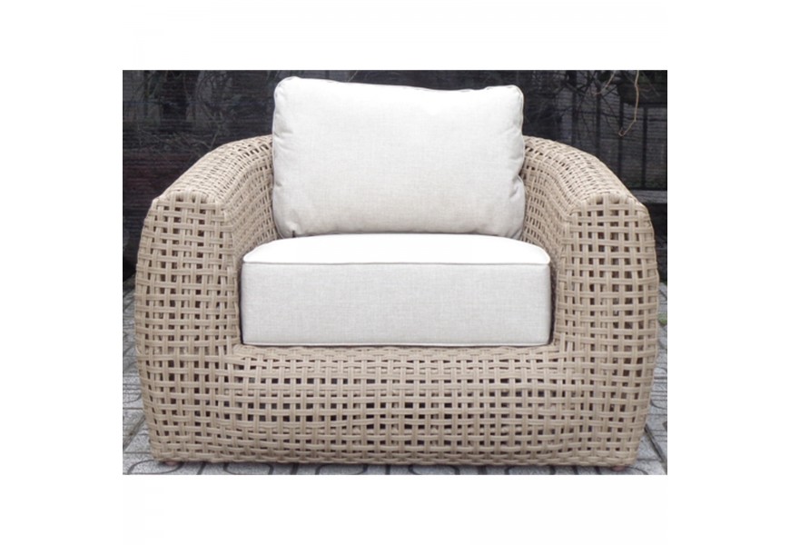 Moderné vonkajšie kreslo Riviera z hnedého umelého ratanu s béžovým čalúnením a zaoblenými hranami bez nožičiek