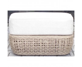 Luxusná moderná záhradná taburetka Riviera z hnedého umelého ratanu s béžovým čalúnením a zaoblenými hranami bez nožičiek