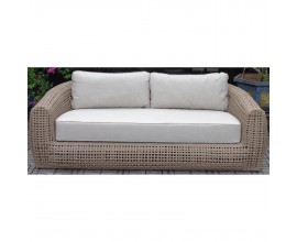Luxusná moderná obdlžniková záhradná trojmiestna sedačka Riviera z hnedého umelého ratanu s béžovým poťahom 202 cm