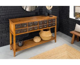 Štýlový koloniálny masívný konzolový stolík Woodcut so štyrmi zásuvkami a dvomi dvierkami v hnedej farbe 125 cm