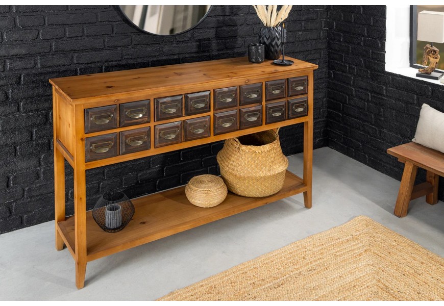 &Scaron;t&yacute;lov&yacute; koloni&aacute;lny mas&iacute;vn&yacute; konzolov&yacute; stol&iacute;k Woodcut so &scaron;tyrmi z&aacute;suvkami a dvomi dvierkami v hnedej farbe 125 cm