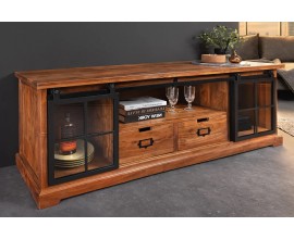 Štýlová industriálny masívny hnedý TV stolík Woodcut s dvomi presklenými posuvnými kovovými dvierkami a dvomi zásuvkami 165 cm 