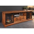 Štýlová industriálny masívny hnedý TV stolík Woodcut s dvomi presklenými posuvnými kovovými dvierkami a dvomi zásuvkami 165 cm 