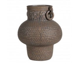 Vintage porcelánová váza Kairo v hnedom prevedení s okrúhlym tvarom so širokým stredom textúrovaným povrchom a dvomi bočnými úchytkami s bronzovou farbou a patinou
