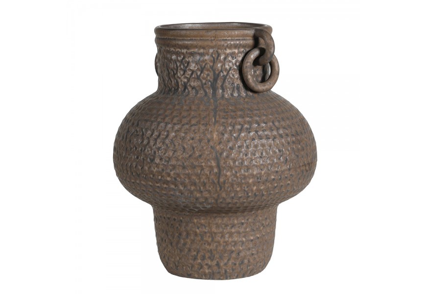 Vintage porcelánová váza Kairo v hnedom prevedení s okrúhlym tvarom so širokým stredom textúrovaným povrchom a dvomi bočnými úchytkami s bronzovou farbou a patinou