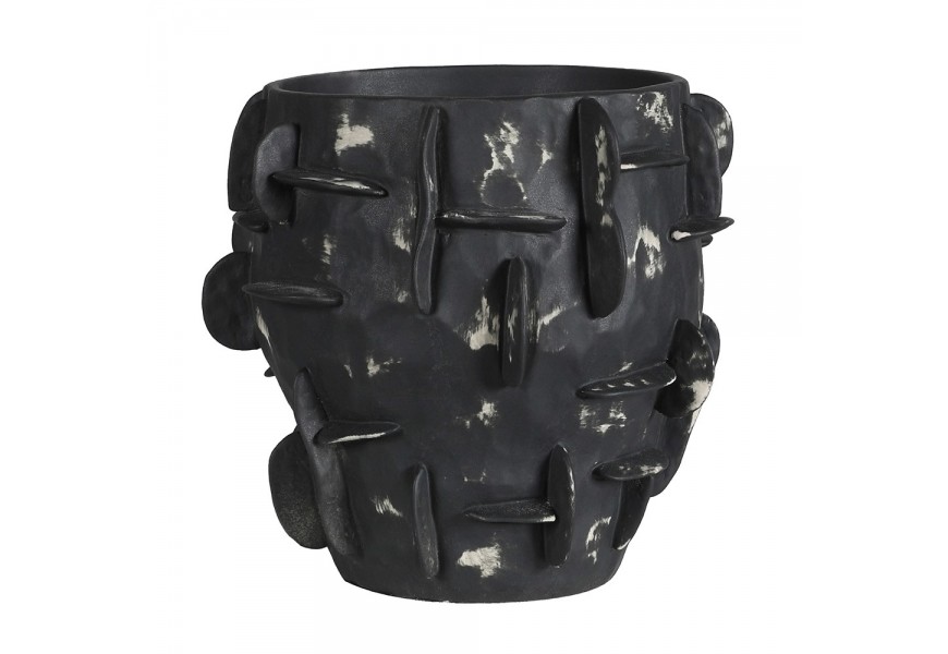 Art deco okrúhla čierna porcelánová váza Saphira so sivou patinou a plastickými výbežkami 25 cm