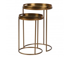 Industriálna sada okrúhlych kovových príručných stolíkov Rust v zlatej farbe so sklenenou doskou a dekorom koi kaprov 73 cm 