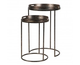 Industriálna okrúhla sada príručných stolíkov Rust v bronzovej farbe z kovu s hrdzavým povrchom so zrkadlovou doskou s lastovičkami s vyvýšeným okrajom s bočnými úchytkami a s konštrukciou z troch kovových tyčí