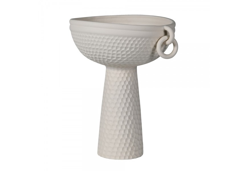 Dizajnová porcelánová biela váza Ardea v tvare misy na kužeľovej nohe s ručne zdobeným štruktúrovaným povrchom 42 cm