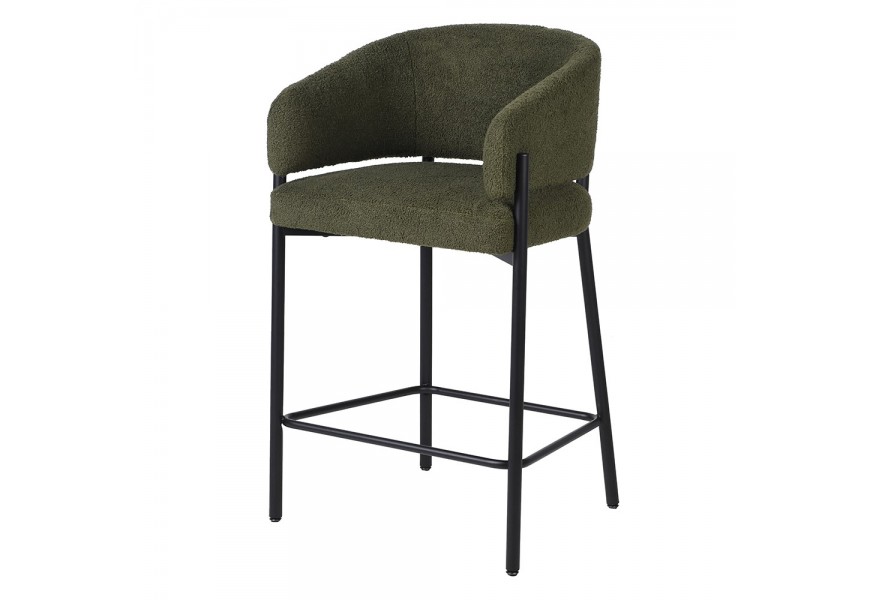 Moderná barová stolička Liora s olivovo zeleným bouclé poťahom a čiernou kovovou konštrukciou 95 cm