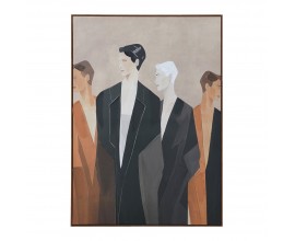 Art deco obdĺžnikový nástenný obraz Persona s motívom štyroch postáv v čiernych oranžových a béžových odtieňoch v hnedom drevenom ráme