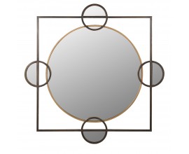 Art deco nástenné štvorcové zrkadlo Orb s centrálnym kruhovým zrkadlom v zlatom ráme s bronzovým štvorcovým rámom a štyrmi malými kruhmi so zrkadlom