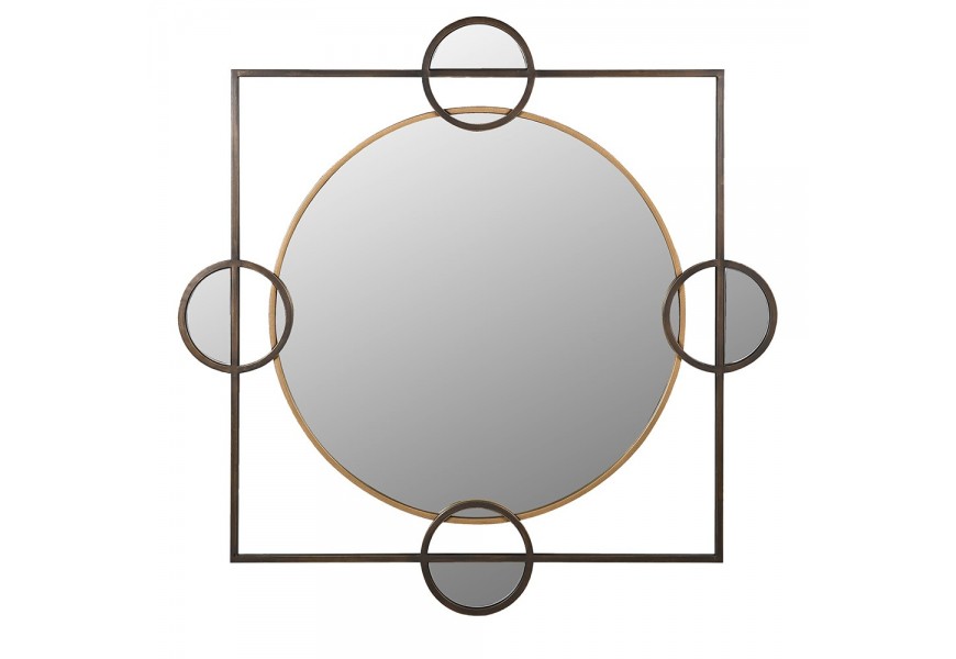 Art deco nástenné štvorcové zrkadlo Orb s centrálnym kruhovým zrkadlom v zlatom ráme s bronzovým štvorcovým rámom a štyrmi malými kruhmi so zrkadlom