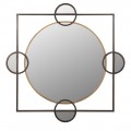 Art deco nástenné štvorcové zrkadlo Orb s centrálnym kruhovým zrkadlom v zlatom ráme s bronzovým štvorcovým rámom a štyrmi malými kruhmi so zrkadlom