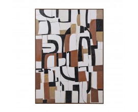 Moderný závesný obdĺžnikový závesný obraz Mural s abstraktnými blokmi a geometrickými tvarmi v oranžovej čiernej a bielej farbe v hnedom drevenom ráme