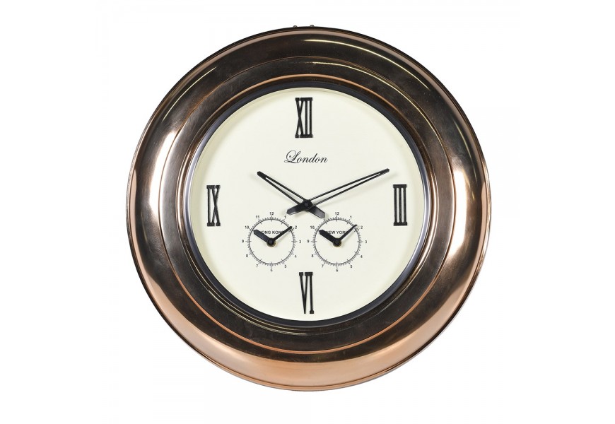 Art deco nástenné hodiny Globe s bronzovým rámom s tromi ciferníkmi pre svetový čas 53 cm