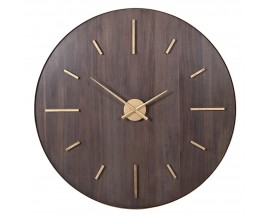 Vintage drevené okrúhle nástenné hodiny Tempo v tmavohnedom odtieni so zlatými kovovými ručičkami a rámom s jemnou patinou  Popis: