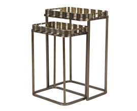 Industriálna sada dvoch obdĺžnikových príručných stolíkov Golem zo zlatého kovu so zrkadlovou doskou s kvetinovým vzorom 73 cm