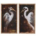 Etno set obrazov Heron s dvojicou volaviek na tmavom pozadí v obdĺžnikovom formáte s prírodným hnedým ratanovým rámom so zadnou výstužou z dyhovaného dreva
