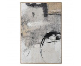 Moderný abstraktný nástenný obraz Lilia v sivých a béžových odtieňoch s čiernymi líniami v obdĺžnikovom formáte s hnedým dreveným rámom