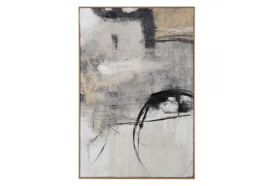 Moderný abstraktný nástenný obraz Lilia v sivých a béžových odtieňoch s čiernymi líniami v obdĺžnikovom formáte s hnedým dreveným rámom