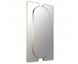 Art deco nástenné závesné trojité zrkadlo s tenkým kovovým rámom v zlatej farbe v strede s oválnym zrkadlom a dvoma obdĺžnikovými zrkadlami s oblými rohmi