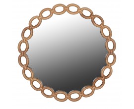 Retro nástenné závesné okrúhle zrkadlo Chain s rámom z hnedého dreva tvoreným prepojenými oválnymi článkami s výraznou drevenou štruktúrou