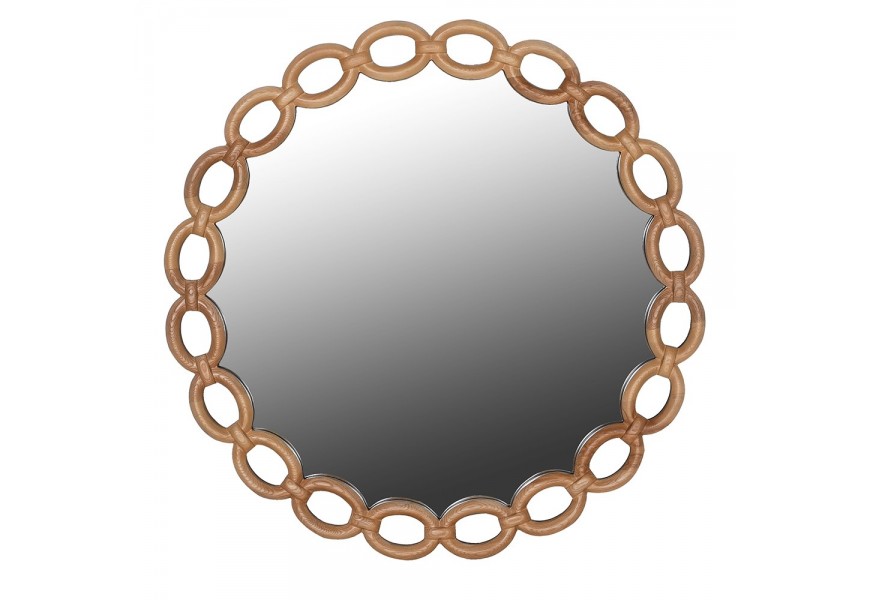 Retro nástenné závesné okrúhle zrkadlo Chain s rámom z hnedého dreva tvoreným prepojenými oválnymi článkami s výraznou drevenou štruktúrou