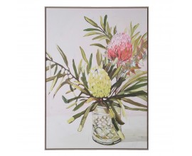 Moderný obdĺžnikový nástenný obraz Flora s bielym pozadím na plátne s ružovým a zeleným kvetom v tenkom drevenom ráme