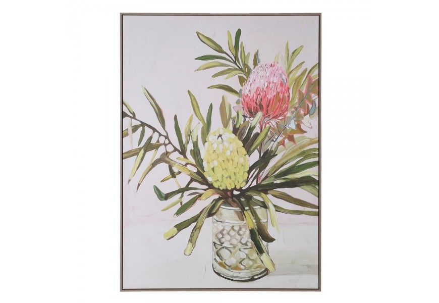 Moderný obdĺžnikový nástenný obraz Flora s bielym pozadím na plátne s ružovým a zeleným kvetom v tenkom drevenom ráme