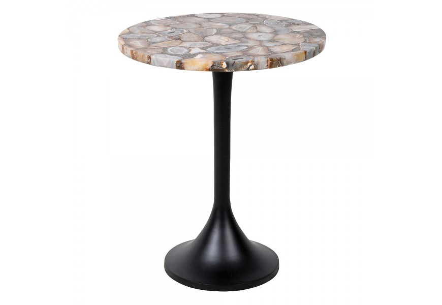 Moderný art deco okrúhly stolík Azzura s povrchom z achátu v odtieňoch hnedej sivej a béžovej s čiernou kovovou nohou so zaoblenou podstavou