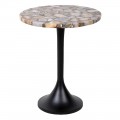 Moderný art deco okrúhly stolík Azzura s povrchom z achátu v odtieňoch hnedej sivej a béžovej s čiernou kovovou nohou so zaoblenou podstavou