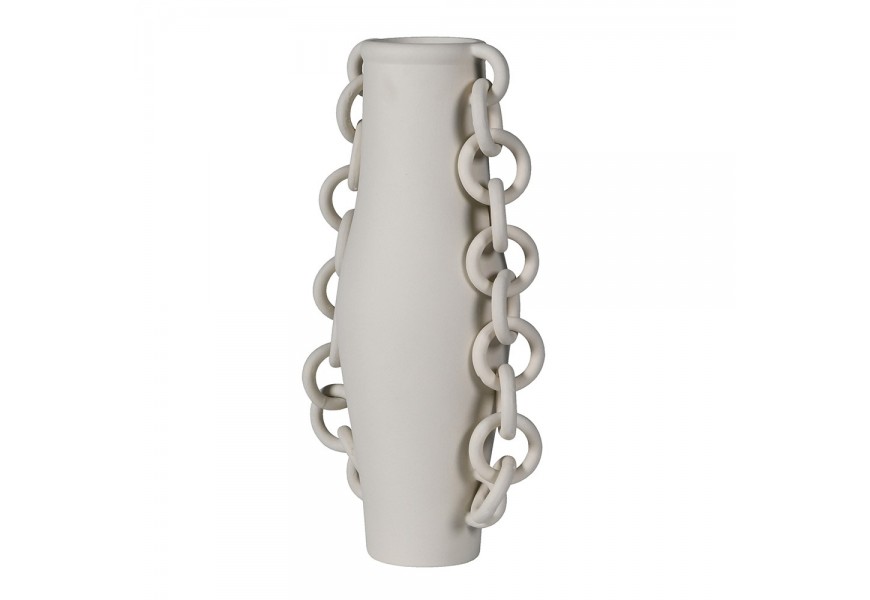 Moderná sivá porcelánová váza Chain so štíhlym tvarom a dekoratívnymi bočnými retiazami vhodná na suché a umelé kvety