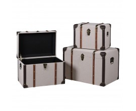 Zámocké klasické béžové obdĺžnikové dekoračné kufre Voyage z drevenej konštrukcie potiahnutej látkou s hnedými pásmi a kovovými rohmi v sete troch kusov