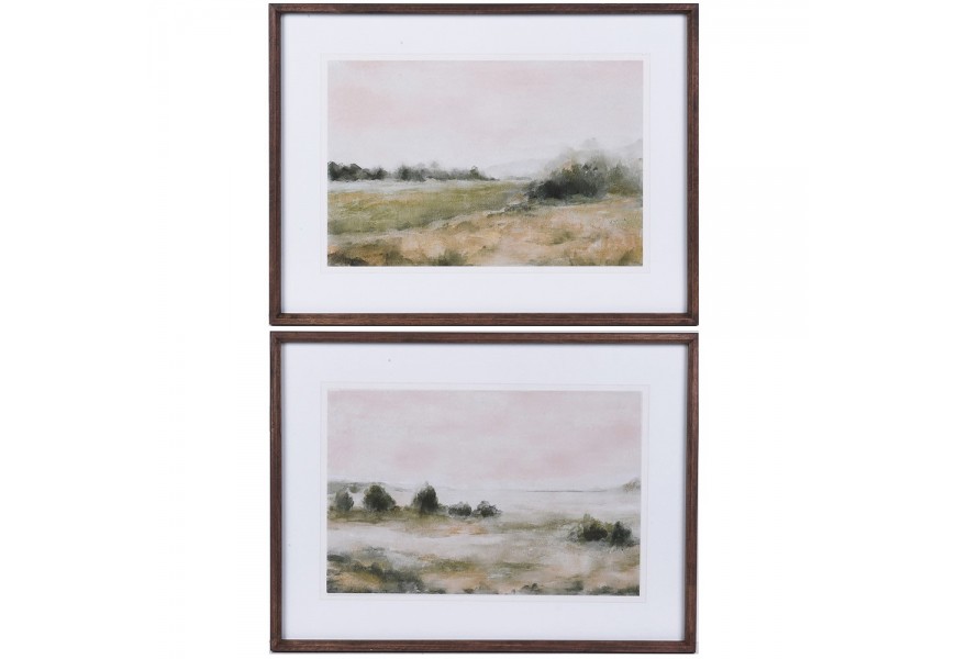 Koloniálna sada dvoch obdĺžnikových obrazov Landscape s prírodným motívom krajiny v tenkom hnedom drevenom ráme s bielym pozadím