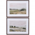 Koloniálna sada dvoch obdĺžnikových obrazov Landscape s prírodným motívom krajiny v tenkom hnedom drevenom ráme s bielym pozadím