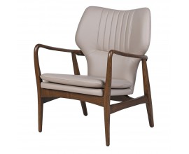 Vintage sivé kreslo Vinton s poťahom z eko kože s dekoratívnym prešívaním s dvojvrstvovou sedacou časťou s konštrukciou z tmavohnedého jaseňového dreva s lesklým povrchom so zaoblenými opierkami na ruky so štíhlymi nožičkami