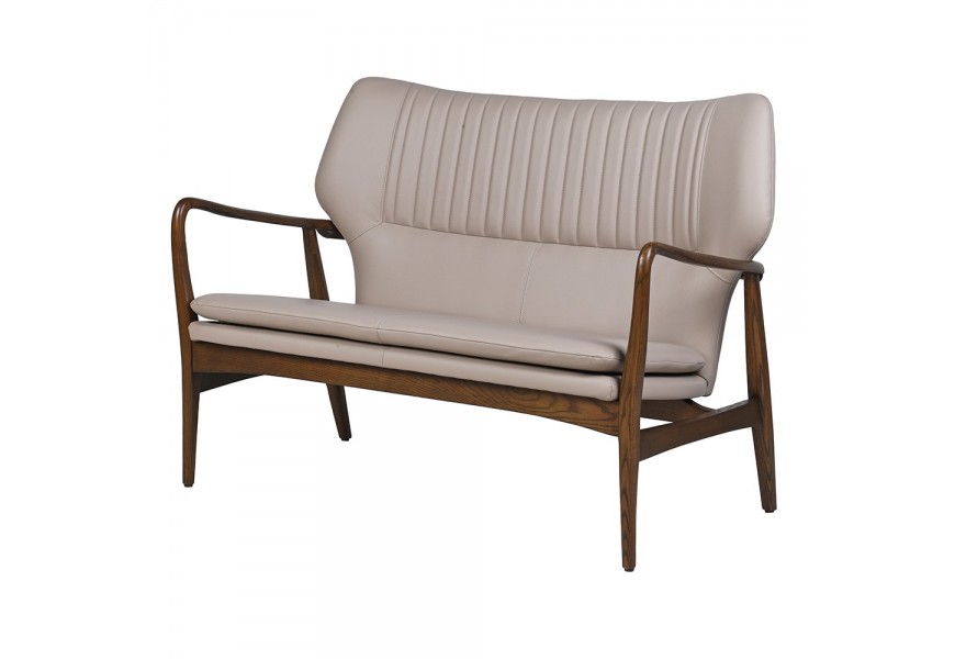 Luxusná kožená béžová dvojmiestna hnedá sedačka Vinton s jaseňovou masívnou konštrukciou a rebrovaným operadlom 120 cm