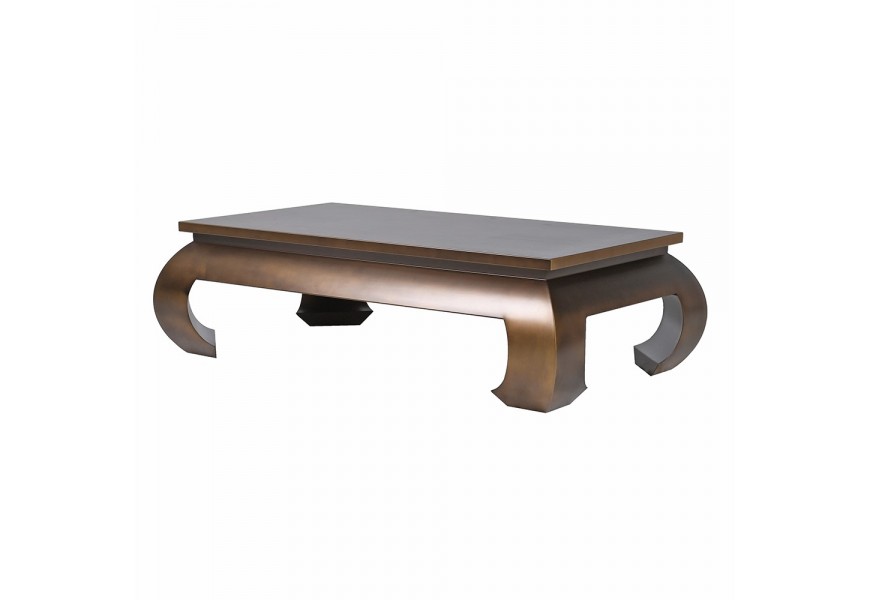 Luxusný klasický oceľový konferenčný stolík Aravali v starožitnej zlatej farbe s obdĺžnikovou doskou so štyrmi zaoblenými poloblúkovými nožičkami