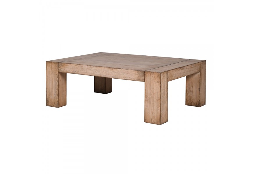 Vintage obdĺžnikový béžový konferenčný stolík Fermont z recyklovaného masívneho dreva s patinovaným povrchom s kvádrovými nožičkami