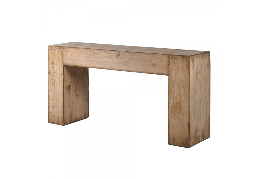 Vidiecky obdĺžnikový béžový konzolový stolík Fermont z recyklovaného masívneho dreva s patinovaným povrchom s dvomi kvádrovými nožičkami