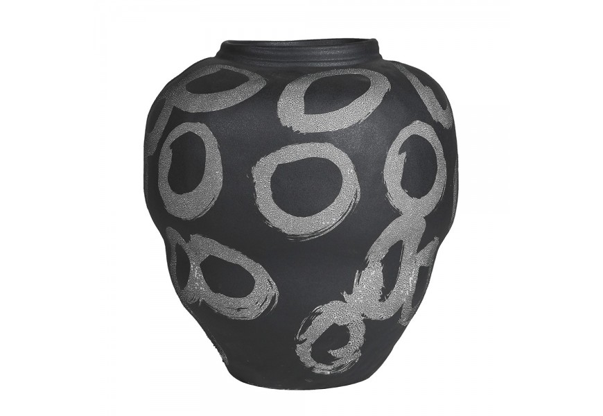 Veľká moderná čierna porcelánová vzorovaná váza Loop zaobleného tvaru s okrúhlym hrdlom s textúrovaným povrchom s dekoratívnymi kružnicami
