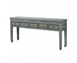 Luxusný tyrkysový vintage konzolový stolík Castello obdĺžnikového tvaru z recyklovaného dreva s patinovaným povrchom s piatimi zásuvkami s dekoratívnymi úchytkami z kovu v zlatej farbe