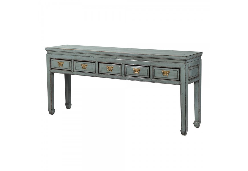 Luxusný tyrkysový vintage konzolový stolík Castello obdĺžnikového tvaru z recyklovaného dreva s patinovaným povrchom s piatimi zásuvkami s dekoratívnymi úchytkami z kovu v zlatej farbe