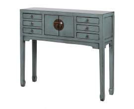 Luxusný klasický konzolový stolík Castello s úložným priestorom so šiestimi zásuvkami a dvojdverovou skrinkou s okrúhlou kovovou dizajnovou úchytkou v orientálnom štýle s dlhými nohami s vyrezávaným detailom v spodnej časti v patinovanom sivomodrom prevedení