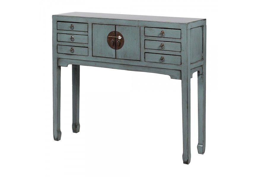 Luxusný klasický konzolový stolík Castello s úložným priestorom so šiestimi zásuvkami a dvojdverovou skrinkou s okrúhlou kovovou dizajnovou úchytkou v orientálnom štýle s dlhými nohami s vyrezávaným detailom v spodnej časti v patinovanom sivomodrom prevedení