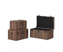 Dizajnová vintage sada troch dekoratívnych tmavohnedých truhlíc s dizajnom kufrom Heritage s poťahom z ľanu s kovovými detailmi v mosadznej farbe s bočnými úchytkami s nitmi so zámkovými klipsami