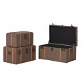Dizajnová vintage sada troch dekoratívnych tmavohnedých truhlíc s dizajnom kufrom Heritage s poťahom z ľanu s kovovými detailmi v mosadznej farbe s bočnými úchytkami s nitmi so zámkovými klipsami