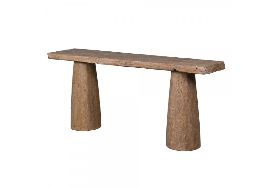 Luxusný etno konzolový stolík Sahari z masívneho svetlohnedého recyklovaného dreva s dvomi kónickými nožičkami 184 cm