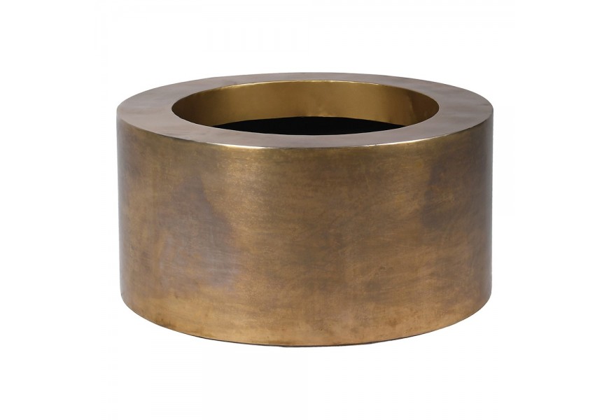 Vintage záhradný kovový vodeodolný kvetináč Rondo valcového tvaru mosadznej farby s patinovaným efektom s okrúhlym otvorom